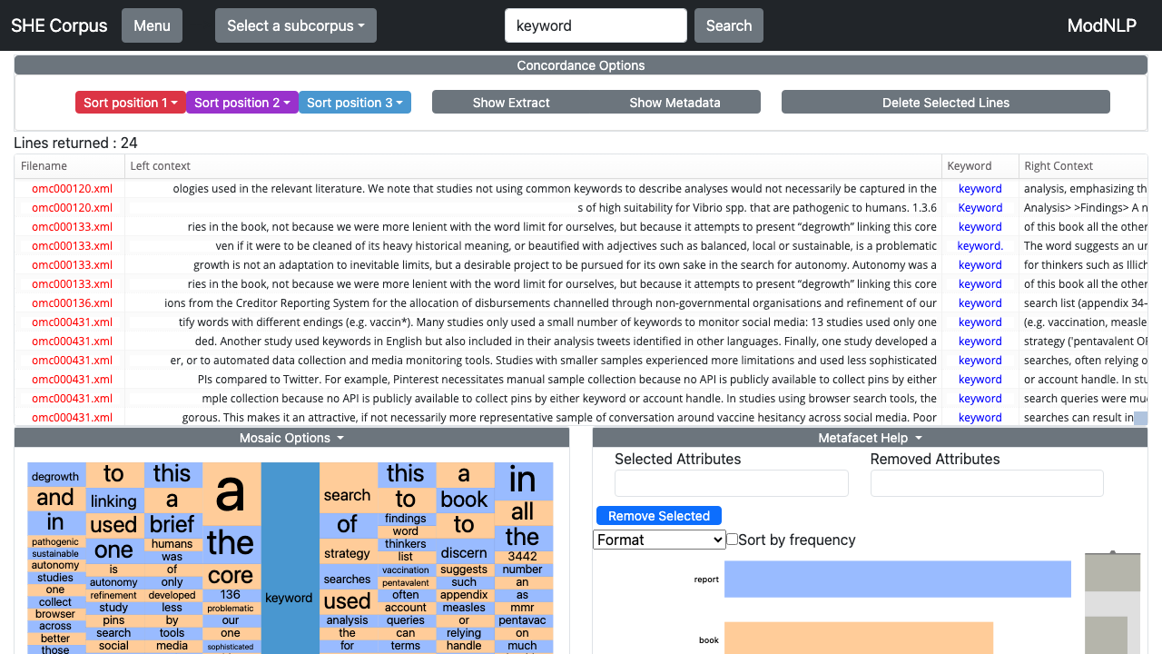SHE Corpus visual interface — interactive corpus linguistics tool